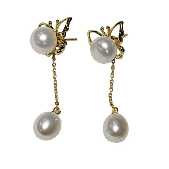 White Cultured Freshwater Pearl Dangle‎ Jacket Butterfly Earrings Gold Plated - Picture 5 of 13